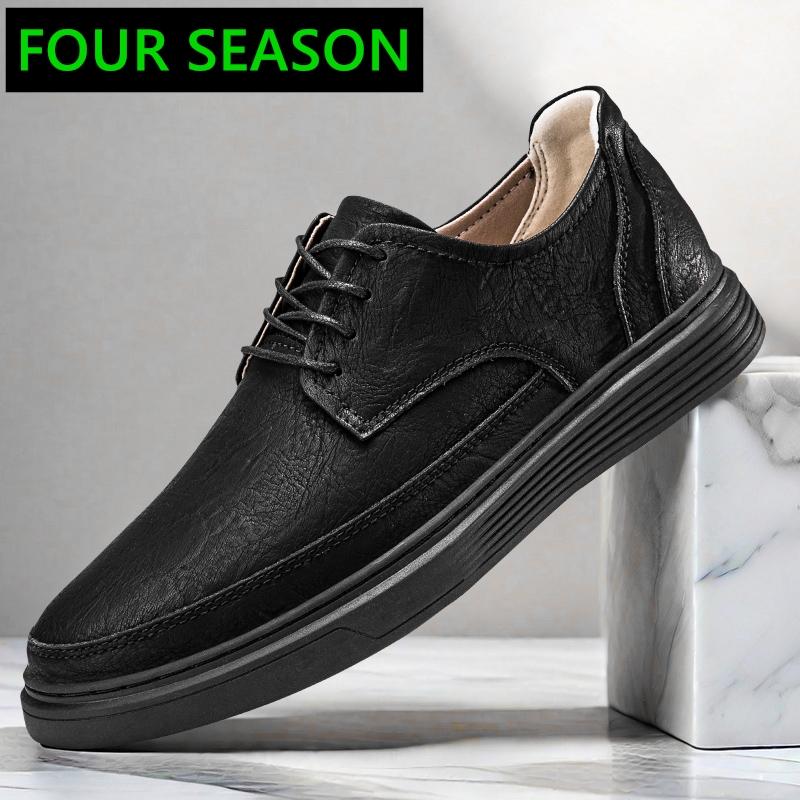 4.5cm Men's Height Increase Leather Loafers Lift Leather Breathable Comfortable Elevator Casual Shoes Hollow Out & All-Season
