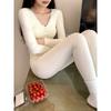 Lace V-neck thermal underwear set for women with chest pads, heating and belly protection, slim and thin bottom long johns top