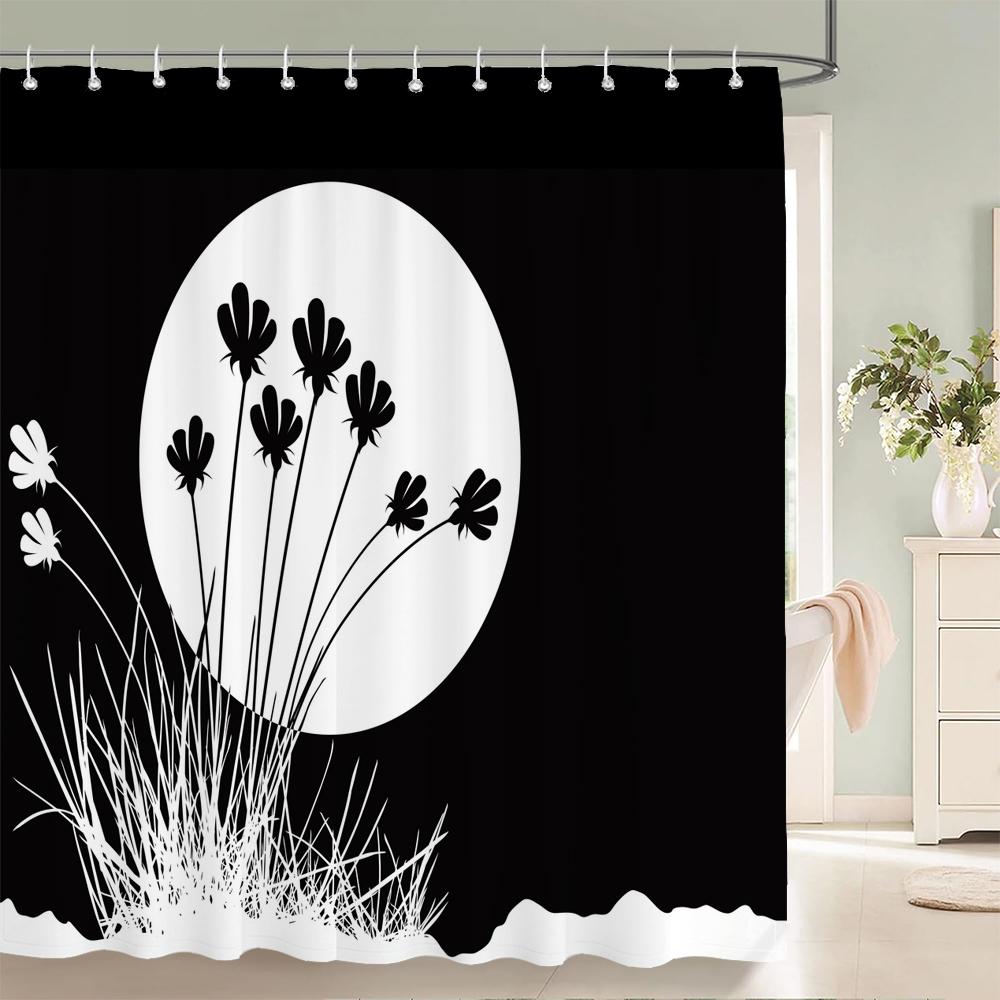 

Shower Curtain Black And White Floral Pattern 3D Printing Shower Curtain Polyester Waterproof Home Decor Curtain 180X180Cm W60H190(CM)-1 Pcs