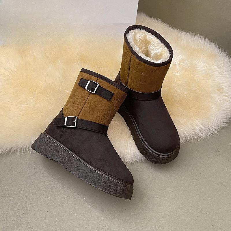 Fashion Platform Cotton Boots Women's Fashion Round Toe Suede Spliced Metal Buckle Sleeve Soft Sole Non-Slip Mid-Cylinder Boots
