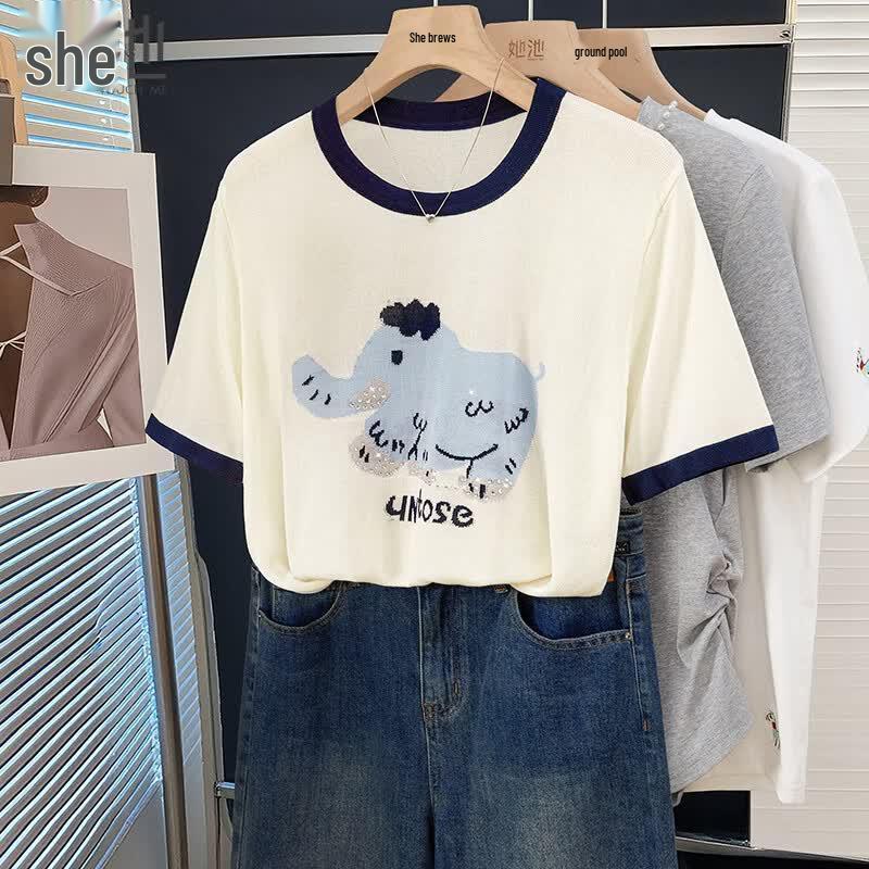 

Women s Lyocell Color Block Cartoon Rhinestone Loose Knit T-shirt One Size