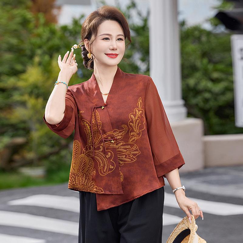 

2026 Summer Slim-Fit Chiffon Blouse for Middle-Aged and Elderly Women - Chinese National Style XXL (105-120 jin)
