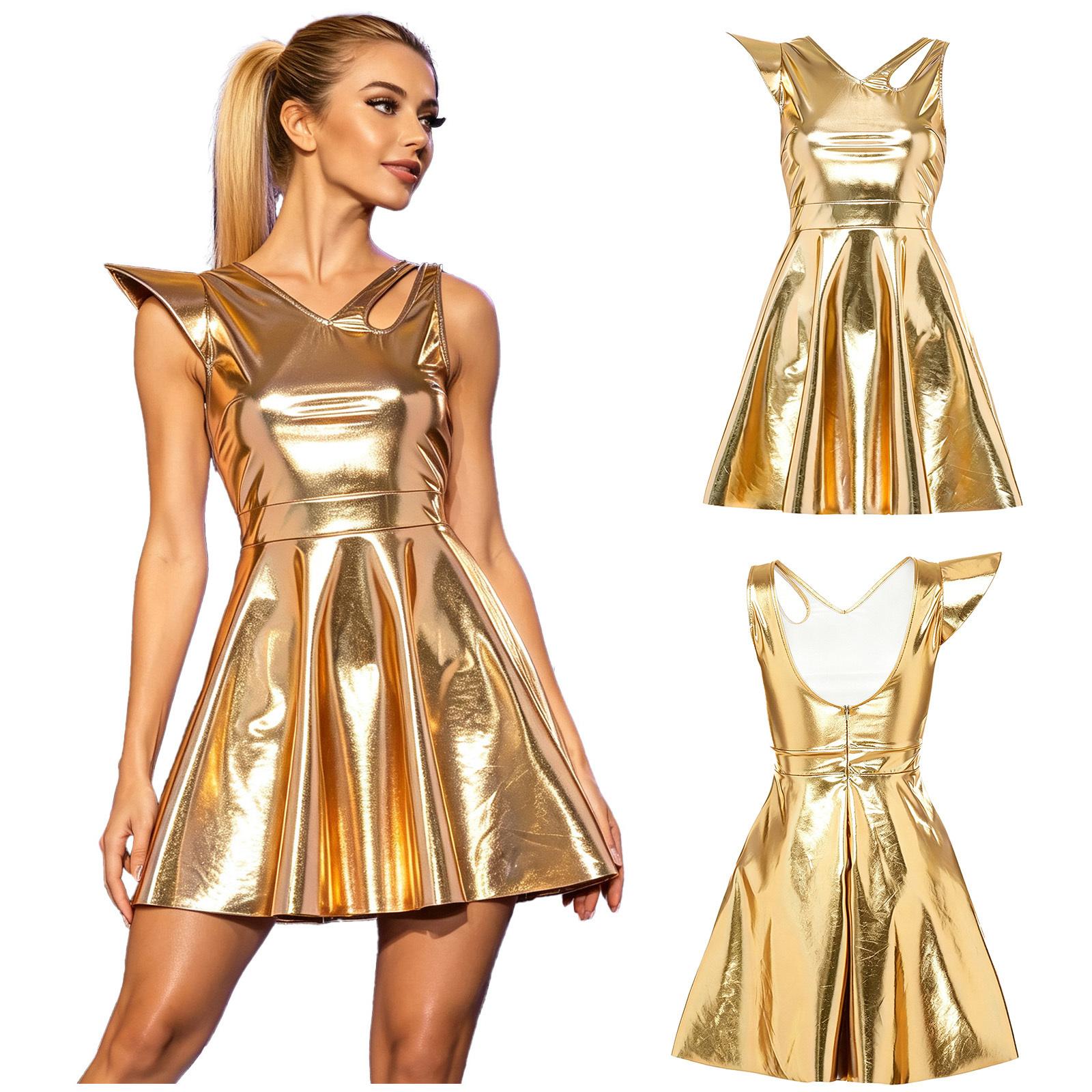 Damen Glänzendes Metallisches Asymmetrisches Disco One-Shoulder Flatterärmel Hohl geschnittene Träger V-Ausschnitt Rückenfrei Minikleid S gold