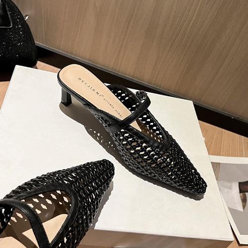 Fashion Women's French Retro Woven Pointed Toe Mid Heel Mule Sandals Slip On High Heel Slippers