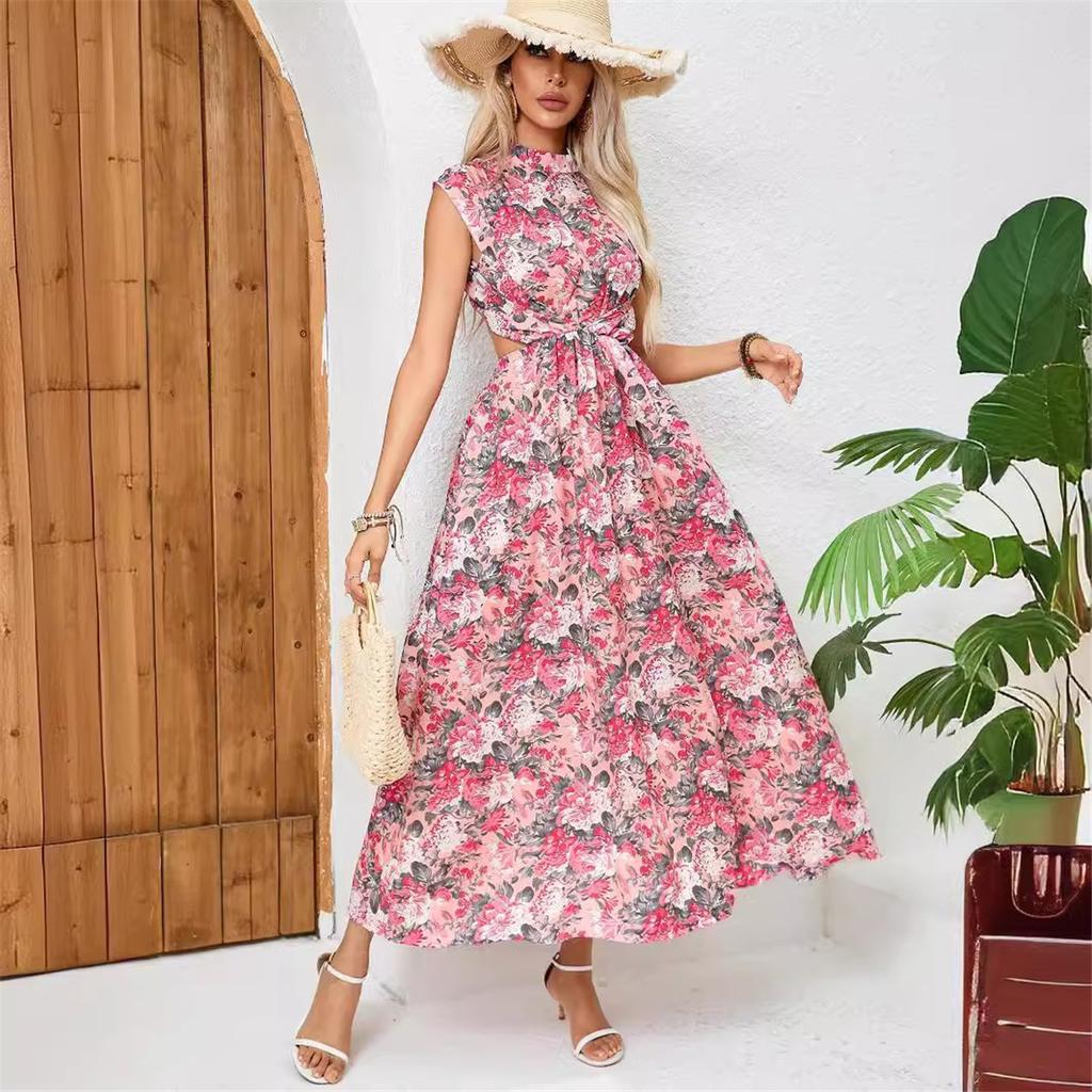 Tooxika Summer New Holiday Printed Long Sleeveless Half High Neck Backless Waist Dresses For Women