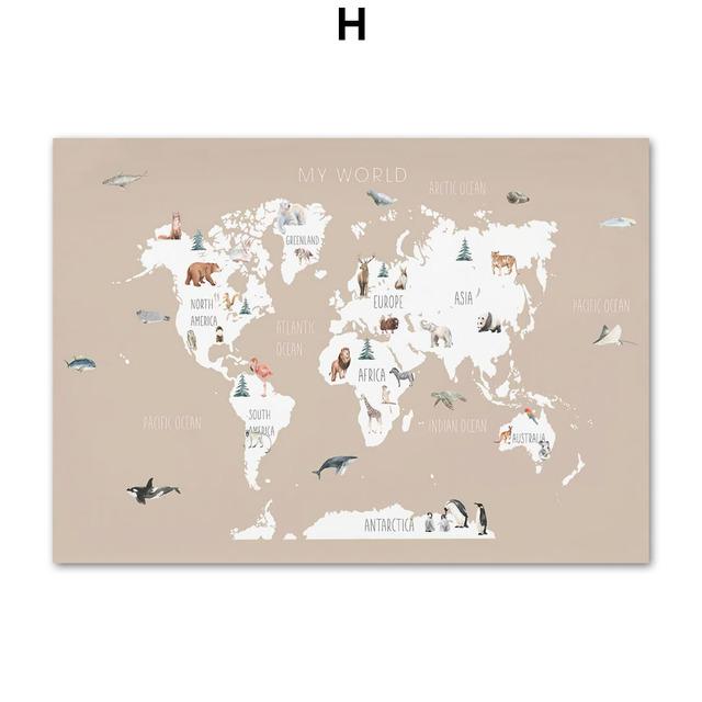 

Карта мира животных, мультяшный алфавит, номер, диаграмма погоды, художественная картина на холсте, плакаты на скандинавскую тему, принты, настенные панно, декор для детской комнаты, без рамки 40*60cm