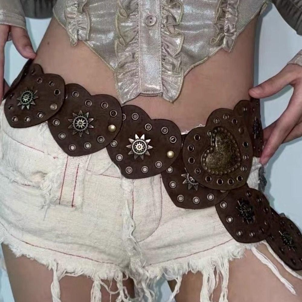 Y2K Metal Rivet Belts Wide Cowboy Waistband Casual Heart Belts Decorative Jeans