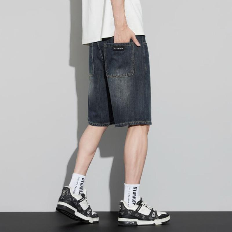 Ropa de hombre Shanggu, shorts de mezclilla de pierna recta de verano, pantalones de cinco puntos holgados lavados retro, jeans holgados