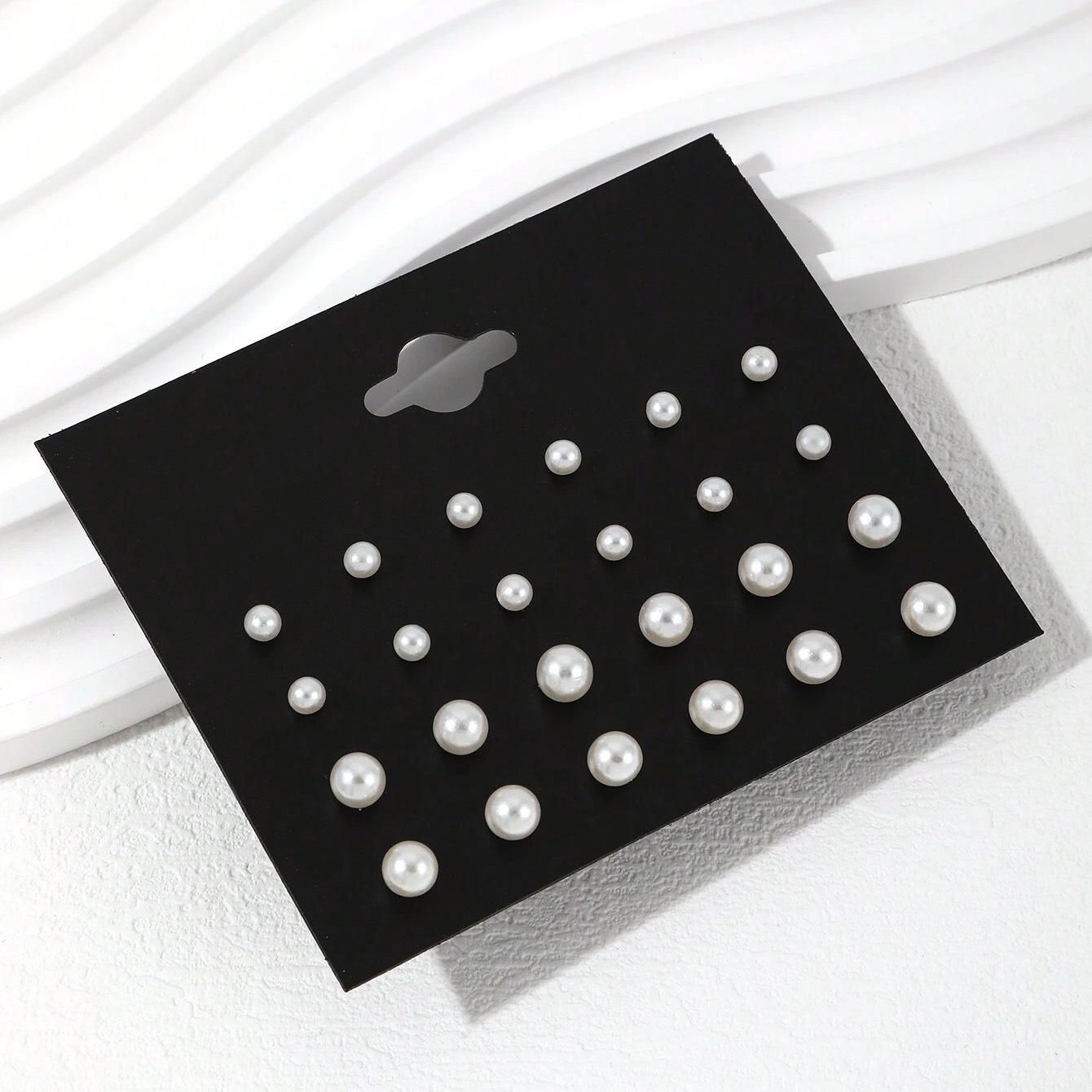 Геометрический набор серег-пусет с кристаллами, жемчугом и цирконами в форме треугольника и сердца