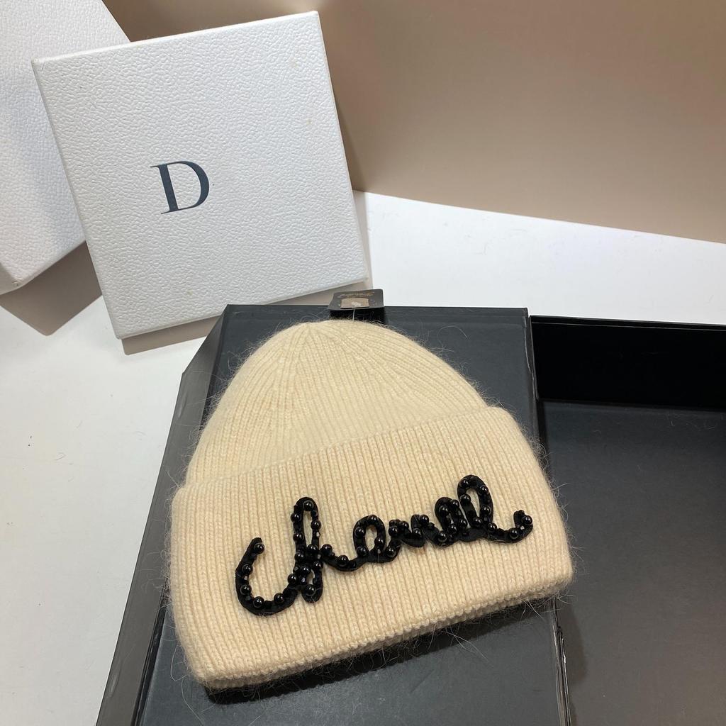 Pearl Hat Rabbit Hair Warm Knit Hat Women's Fashionable Winter Cold Hat Increase And Lengthen Double Folded Edges Hat