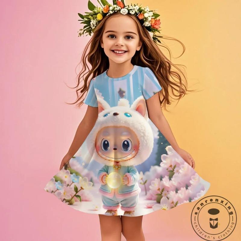 

Праздничное платье для девочки Miniso 2025 Новое летнее Disney LABUBU Для девочек 3D-печать Милые детские платья Детское 130