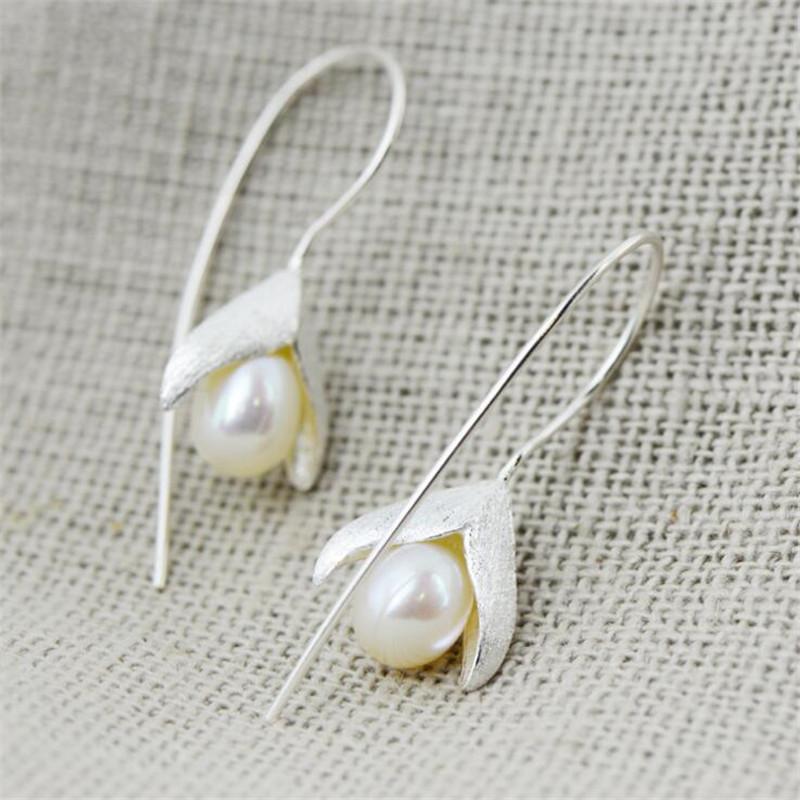 New Fashion Temperament Handmade Flower 925 Sterling Silver Jewelry Ear Hook Natural Drawing Pearl Elegance Earrings E108