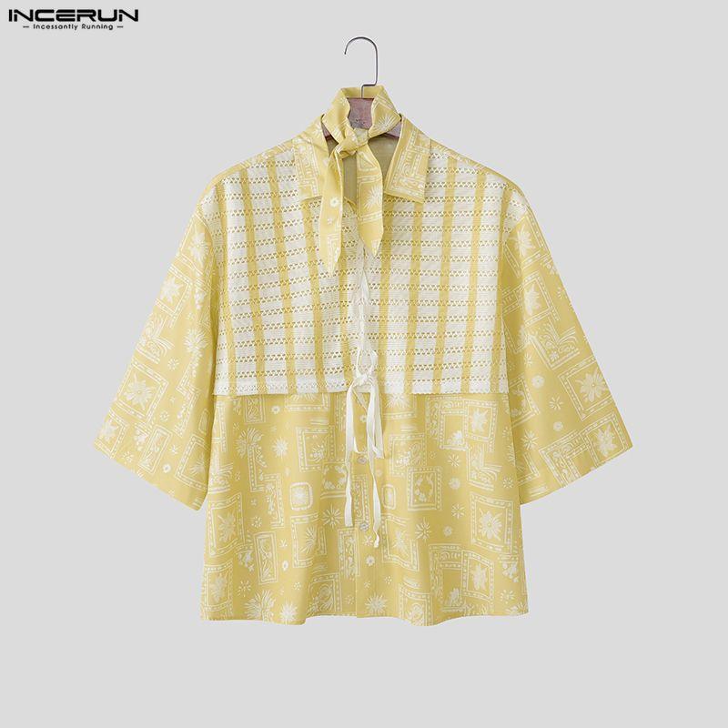 INCERUN Herren Reverskragen Kurzarm Floral Print Splicing Spitze Lässige Lockere T-Shirts Hemden