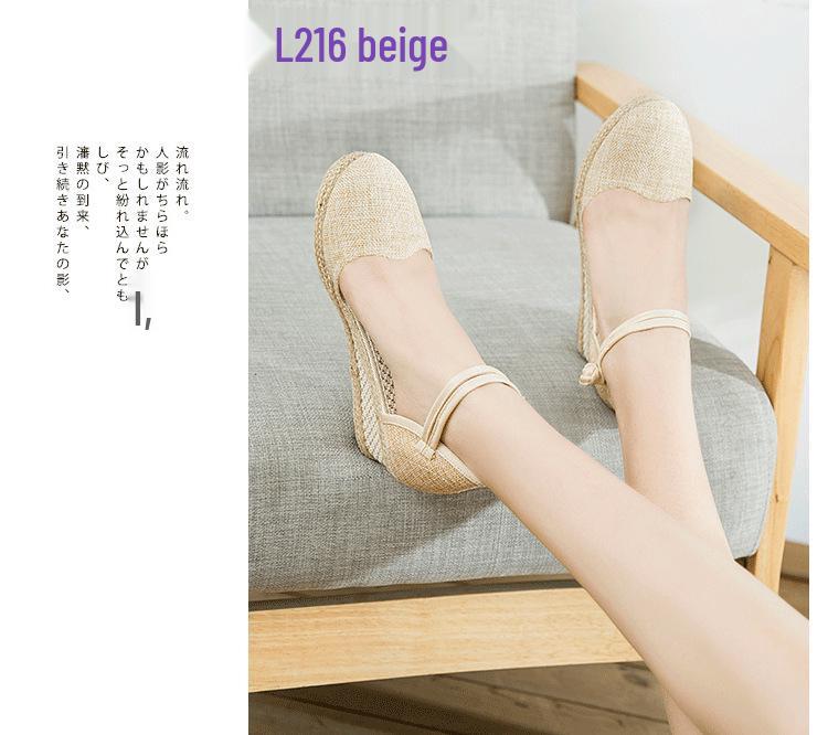 Women's Ethnic Style Breathable Linen Wedge Sandals with Buckle - Versatile High Heel for Summer Travel.