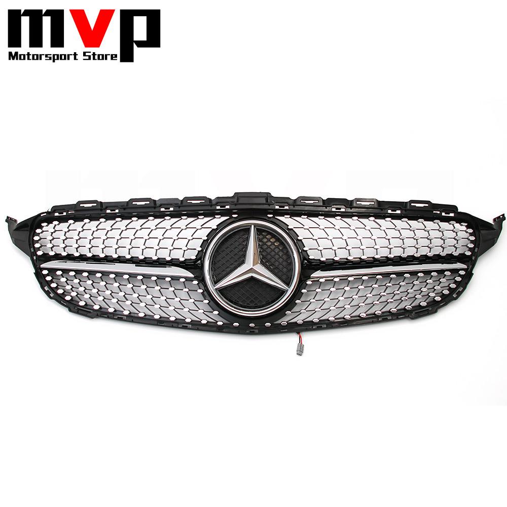 FCM5 Chrome Black Diamonds Style Bumper Grille With Illuminated LED OE Style Star Emblem For Mercedes Benz C-Class W205 2015-18 C350