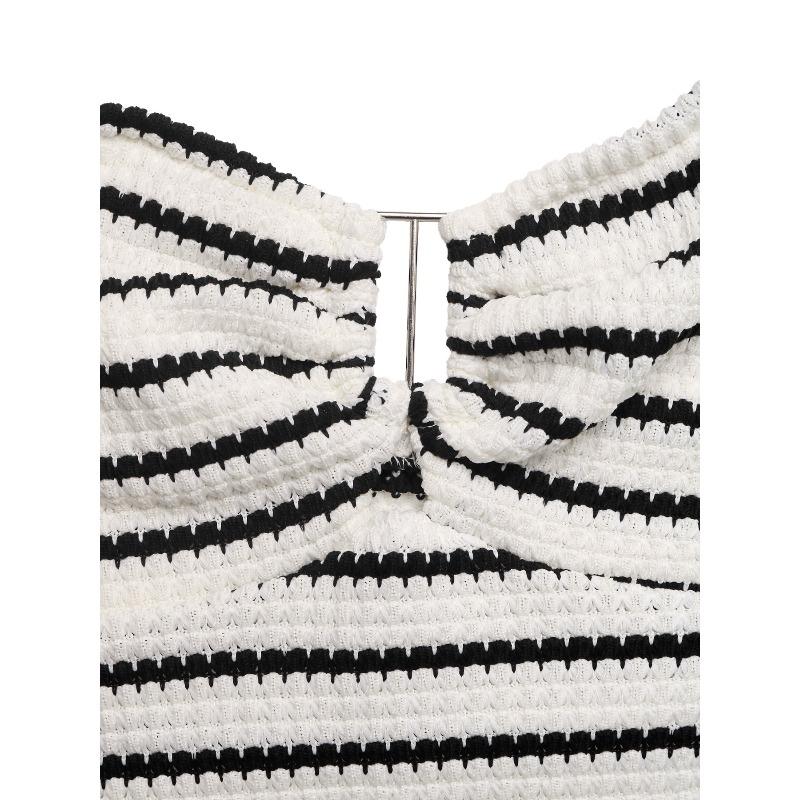 Women's Fashion Summer Spring Stripe Print Sleeveless Hanging Neck High Waist Casual Dresses