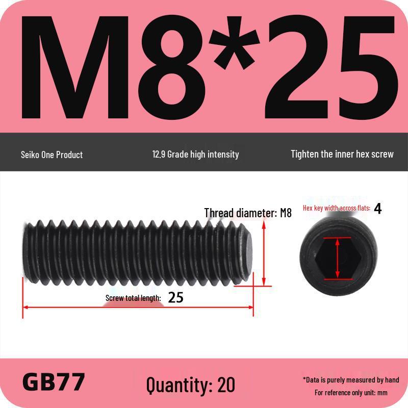 Class 12.9 Inner Hex Flat Head Headless Grub Screw M3-M12