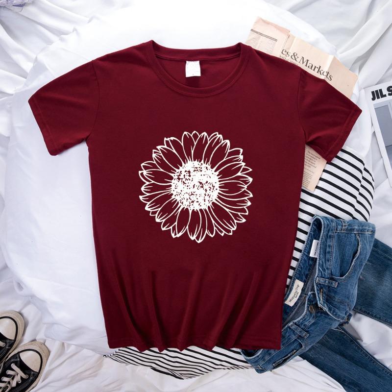 Spring Women's Simple Monochrome Sunflower Pattern Printed Pullover Loose Round Neck Pure Cotton Short Sleeved T-Shirts Women’s