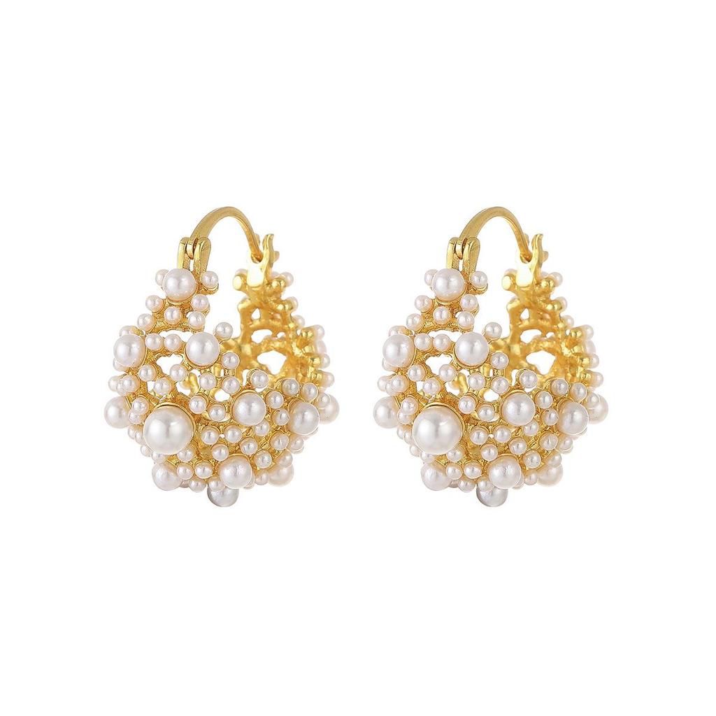 Elegant French Millet Bead Flower Basket Earrings - Stylish Ancient Design, High-Class Luxury Niche Ear Studs