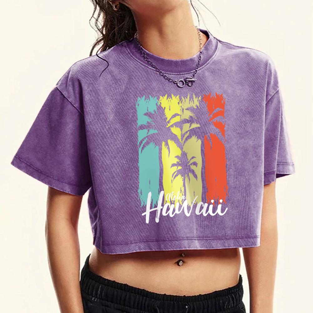 

Гавайские принты с кокосовыми пальмами, выстиранные футболки, женская ретро хлопковая футболка с круглым вырезом, топы, с коротким рукавом, женская XL