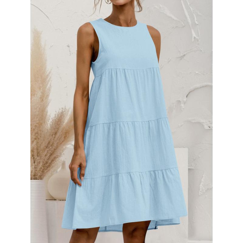 Damen Sommer Übergröße Baumwolle Leinen Ärmellos Stufenkleid Locker Rundhals Einfarbig Lässig Strandurlaub Sommerkleid