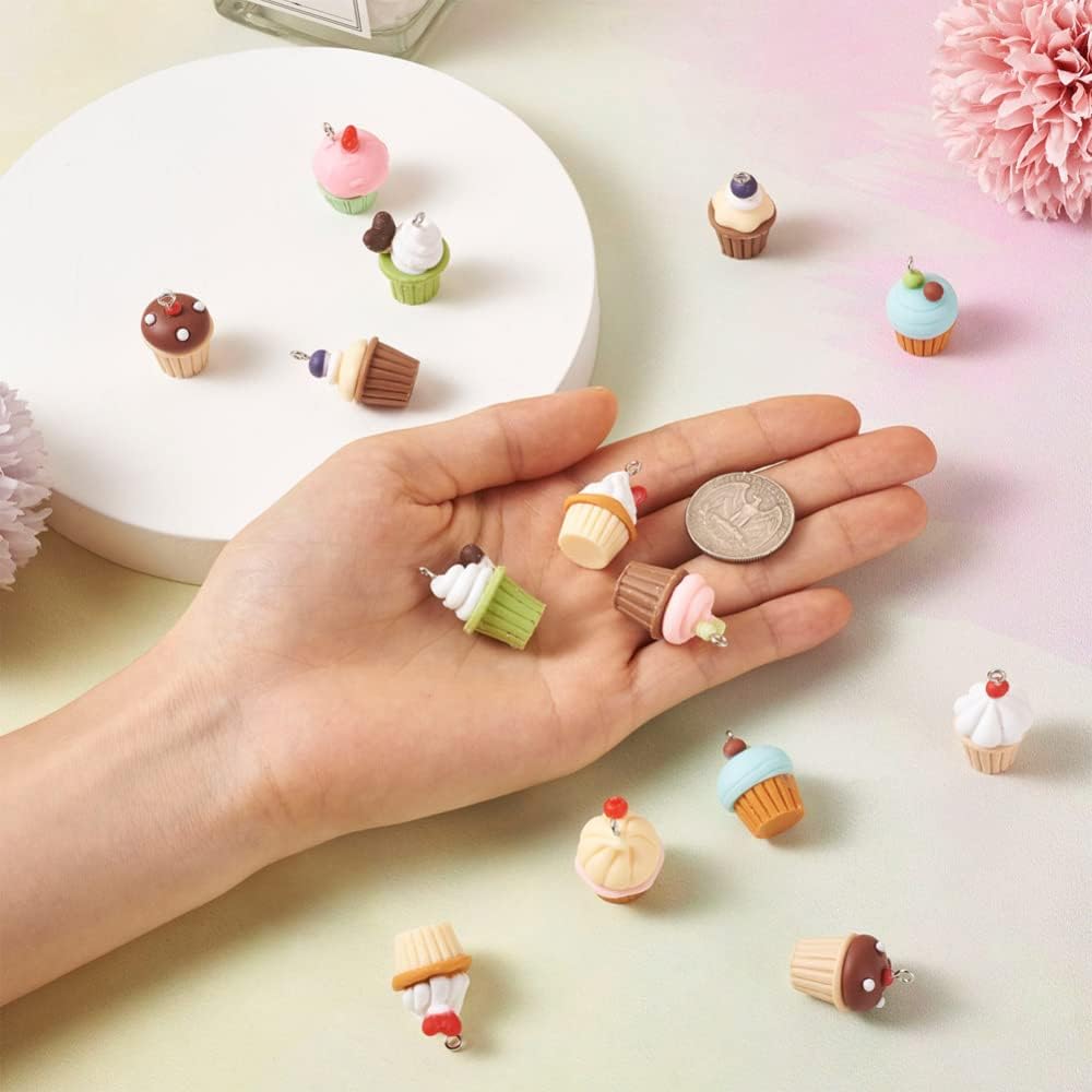36Pcs Simulation Food Cupcake Charms 9 Styles Opaque Resin Pendant with Platinum Tone Loops for Jewelry Making DIY Craft Necklace Earring Key Chain