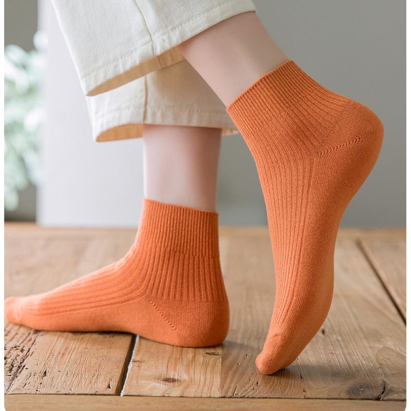 5 Pairs Women's Socks Spring Summer Pure Cotton Short Socks Solid Color Double Needle Style Fine Combing Cotton Middle Tube Socks