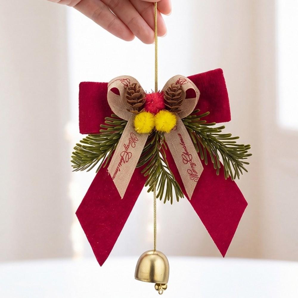 Pine Needle Decor Bow Bell Pendant Pine Cone Accent Christmas Bow Hanger Home Party Decor