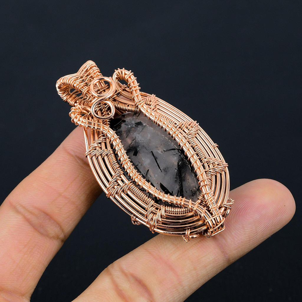 Black Rutile Gemstone Jewelry, 999 Copper Wire Wrapped Pendant, Beautiful Silver Pendant, Handmade Bohemian Jewelry For Wedding Gift