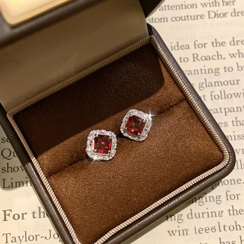 Viral Princess Cut Crystal Earrings, S925 Silver Garnet Studs, Trendy Jewelry