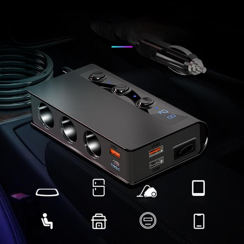 180W Car Charging Adapter Lighter Adapter Splitter Adapter USB Charger with Independent Switches and Voltmeter