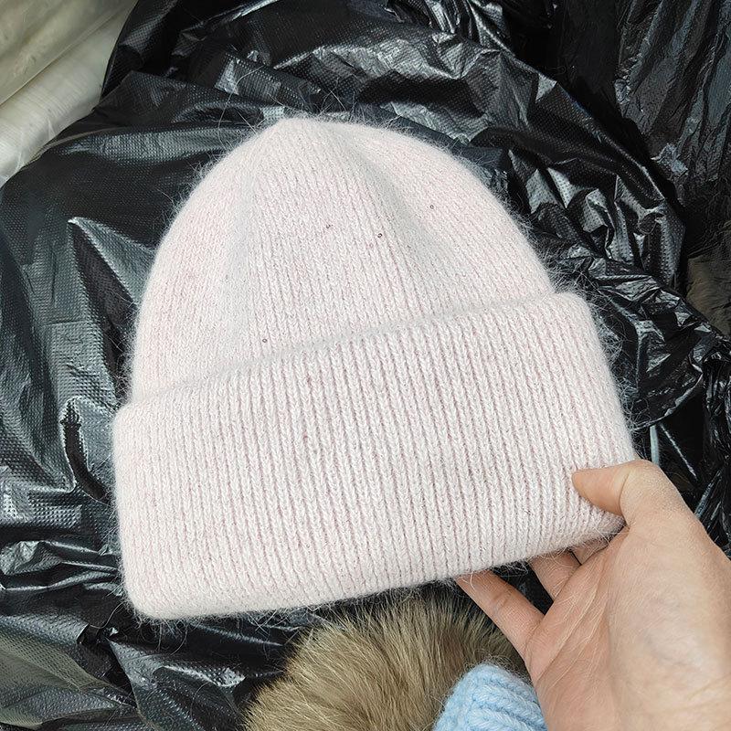 Winter Hats For Women Rabbit Fur Shiny Knitted Beanie Baggy Caps Korean Style Sweet Simple Bonnet Solid Color New