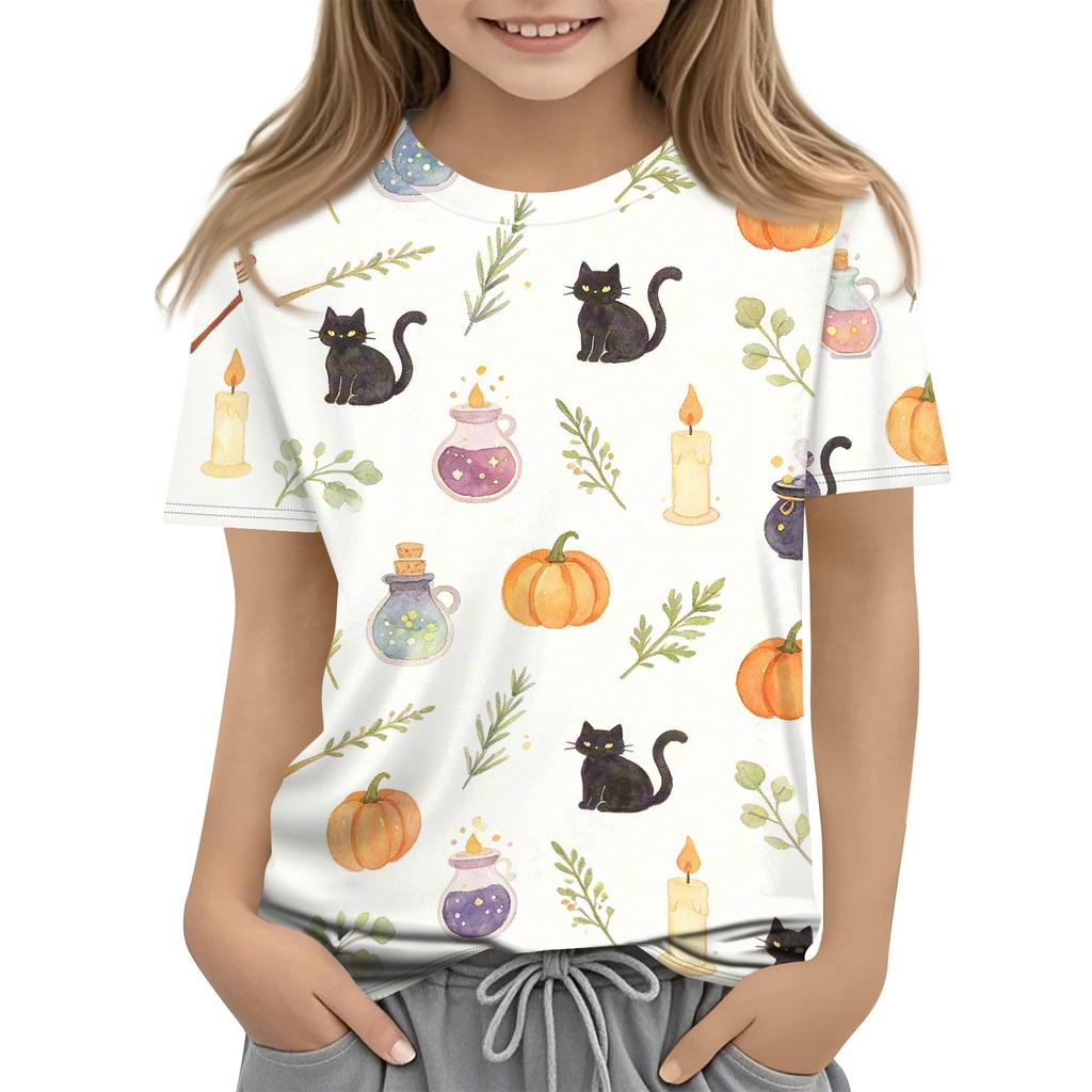 Kids Halloween Print Short Sleeve T Shirt Round Neck Casual Top Boys Girls Comfortable Fit Lightweight Fabric Soft Material