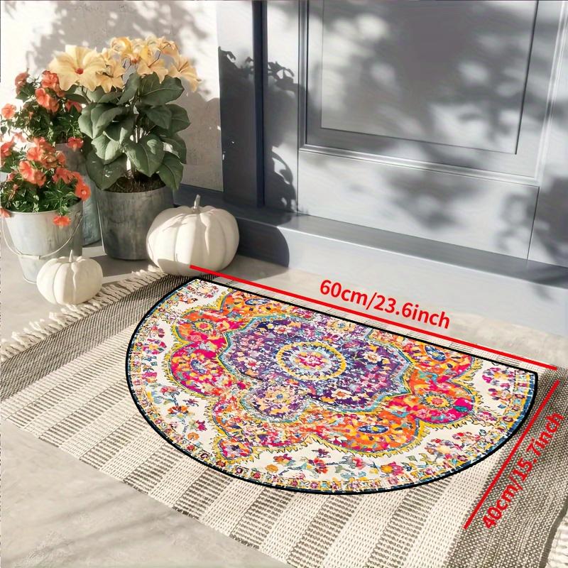 Luxury Bohemian Mandala Half Round Door Mat Jewel Floral Design 2D Flat Non Slip Machine Washable Floor Rug for Entryway Bedroom Home Decor