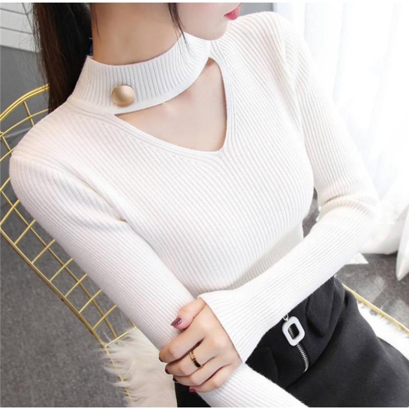 

Свитер для осени и зимы с длинными рукавами и V-образным вырезом, облегающий трикотажный низ рубашки, топы для женщин One Size белый