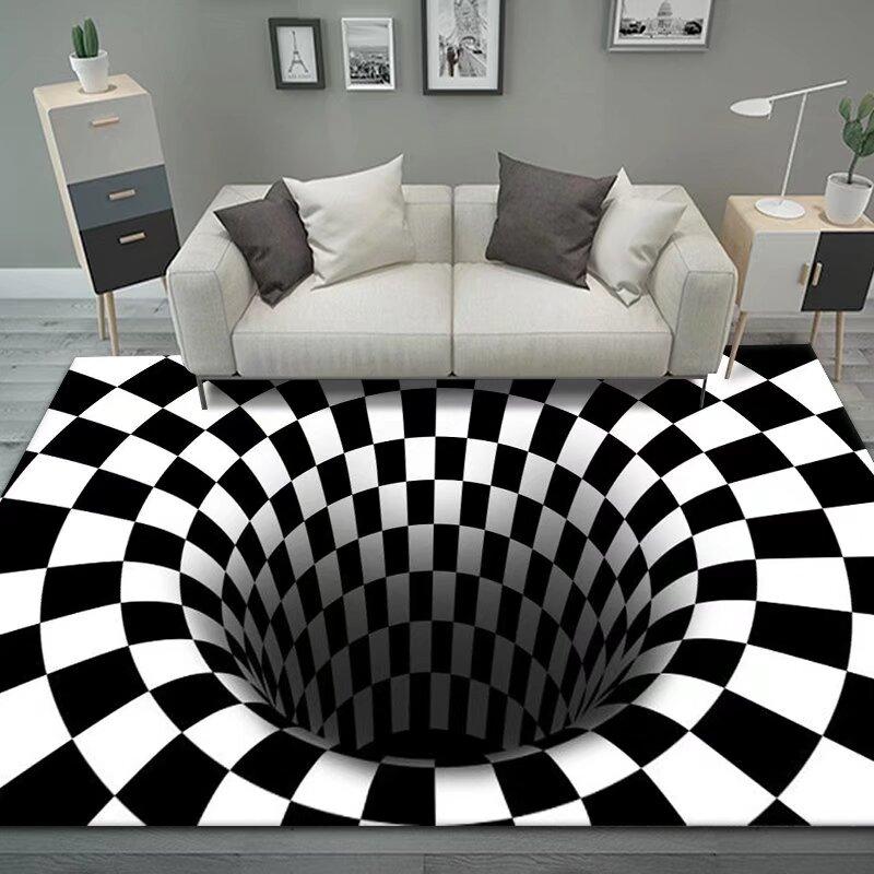 3D Vortex Illusion Black White Rug for Bedroom Floor Mat Abstract Geometric Optical Vertigo Carpet Non-slip Living Room Decor