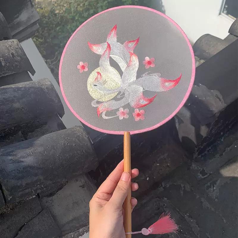 Embroidered Round Fan, Chinese Ancient Style Round Fan, Fairy-Like Hanfu Cheongsam Fan, Classical Palace Fan, Gardenia Jasmine Dance Fan