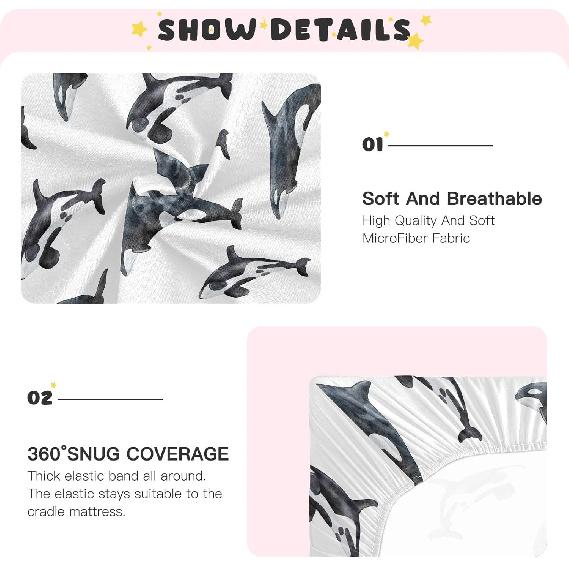 Crib Sheets for Boys Girl Orca Killer Whale Breathable Mini Crib Mattress Sheets Fitted,Toddler Baby Sheets for Crib Mattress 39 * 27 * 5In