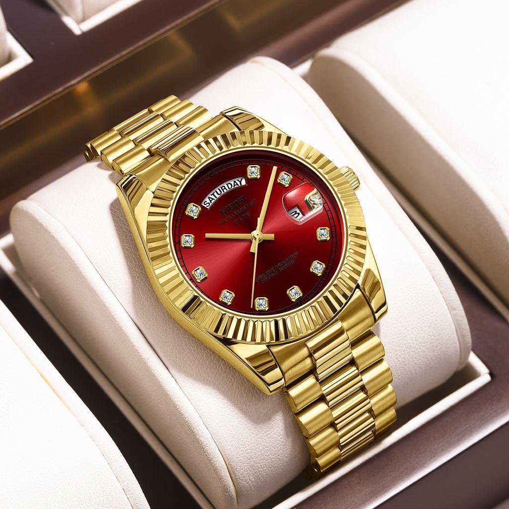 Moderne Herrenuhr mit Diamanten besetzt, Zifferblatt mit Sonnenschliff, Armband aus massivem Stahl, Quarzwerk