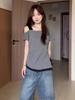 Korean Color Block Off-Shoulder Slimming Patchwork T-Shirt for Women
