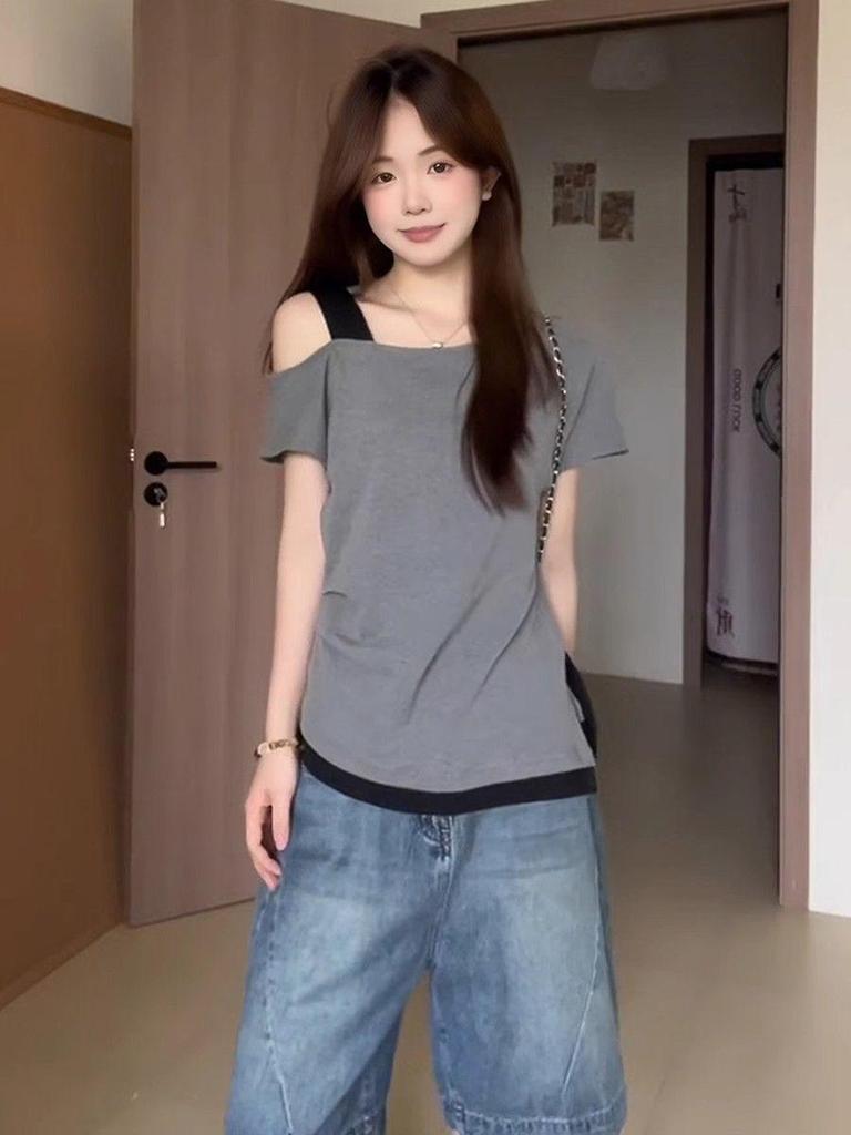Korean Color Block Off-Shoulder Slimming Patchwork T-Shirt for Women