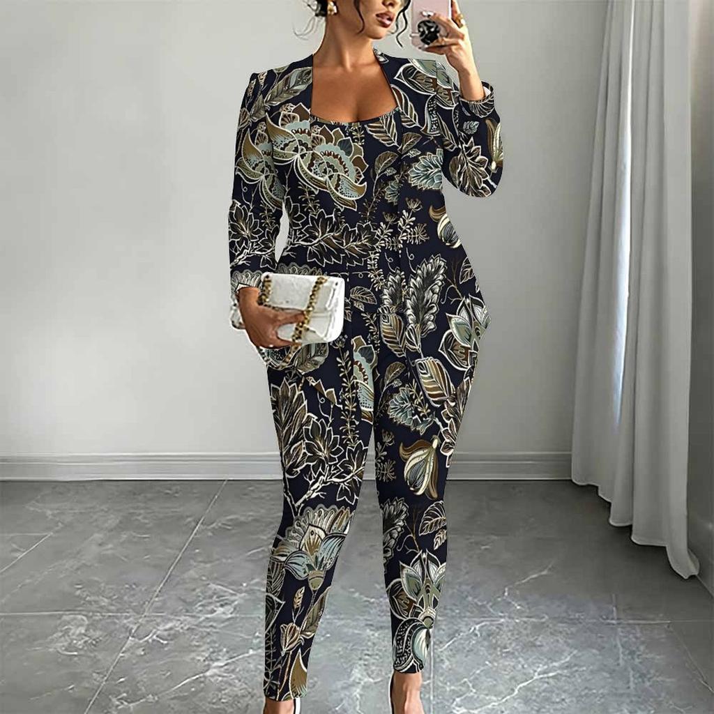 Plus Size Distressed Floral Print 3 Piece Outfit, Long Sleeve Open Front Cardigan Cami Top Leggings Set for Women