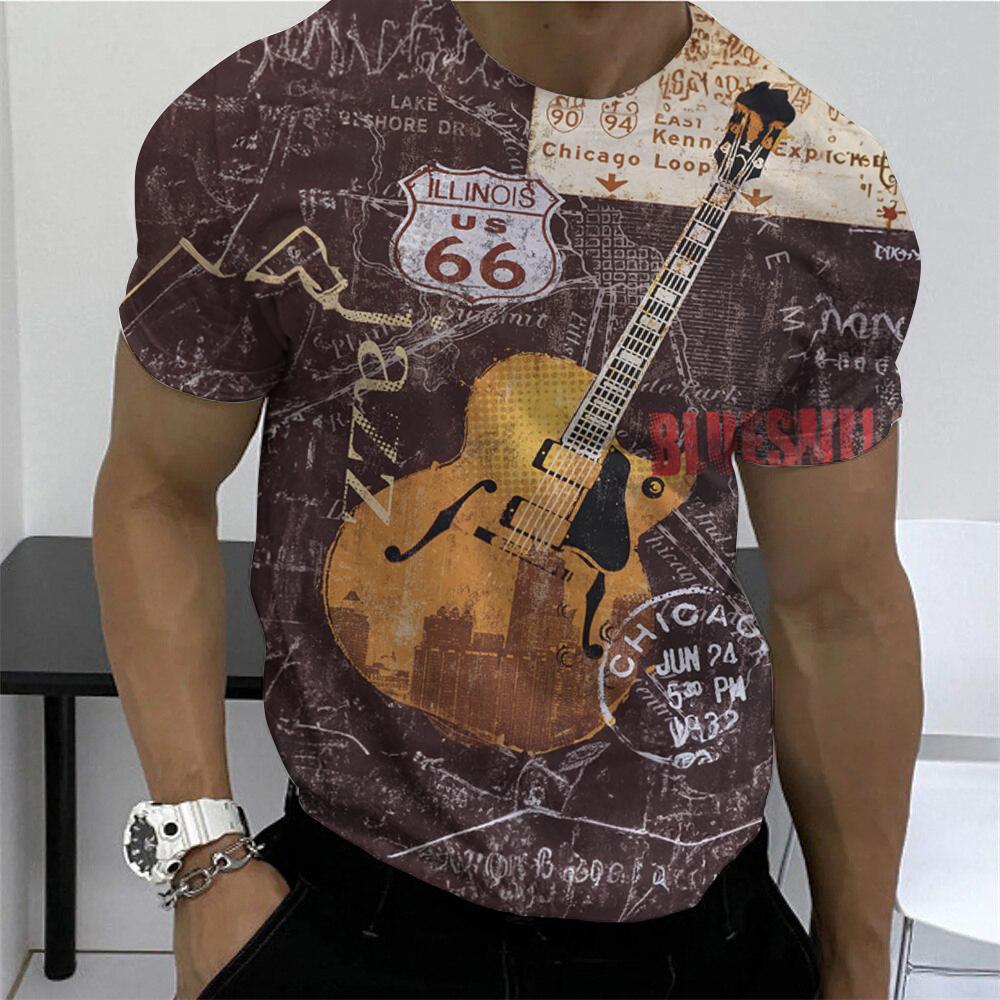 Camisetas estampadas de verão para homens, instrumentos musicais clássicos, gola redonda solta, manga curta, tops diários, roupas masculinas de hip hop