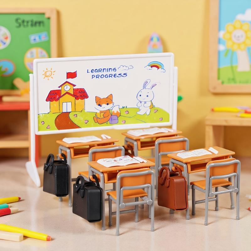 Detailliert 1:12 Puppenhaus Miniatur Klassenzimmer Set mit Schreibtisch, Tafel, Schultasche; Perfekt für Puppenhauszubehör