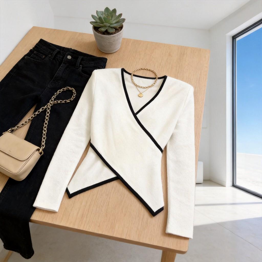 Pure Color V Neck Long Sleeve T Shirt For Women Fall Casual Style