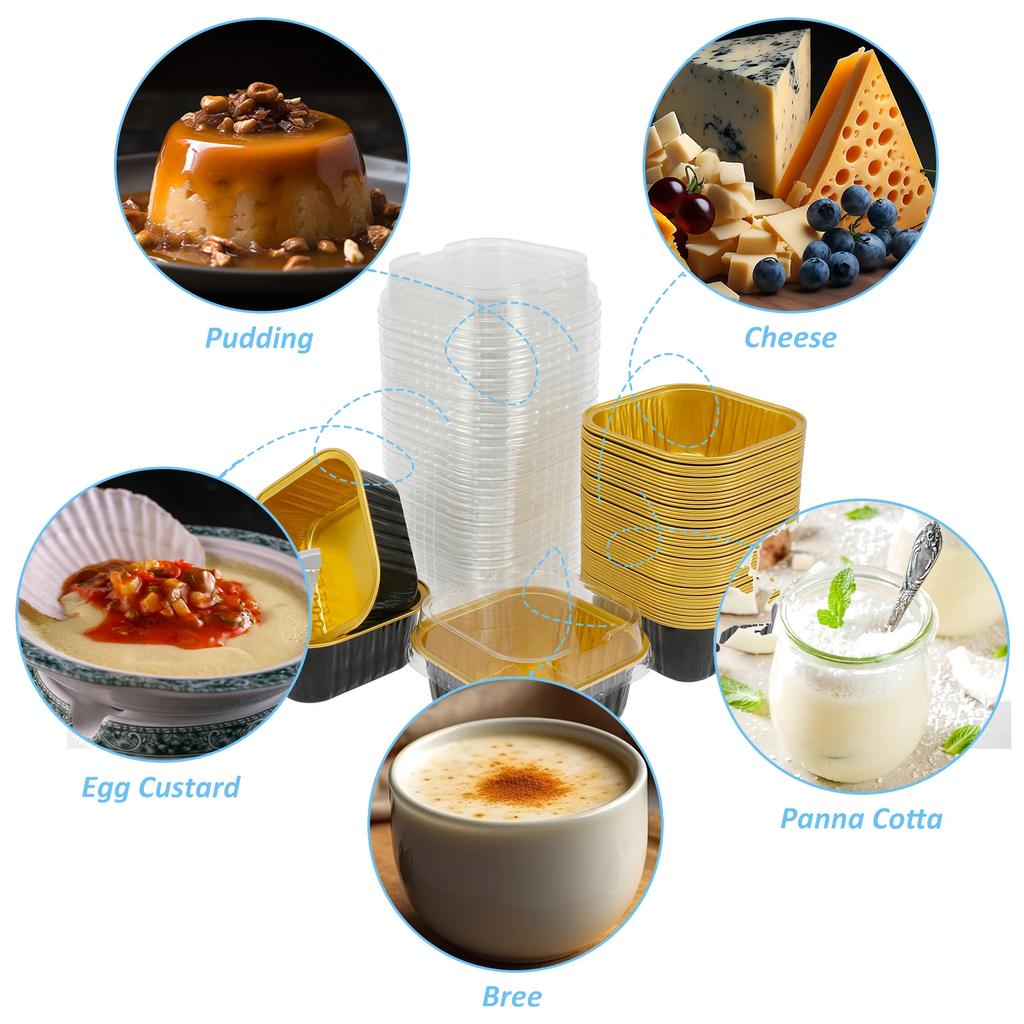 150Pcs Aluminum Foil Cupcake Cups Non-Stick Foil Baking Cups 150ml Square Ramekin Pudding Dessert Cups Wedding Party Supplies