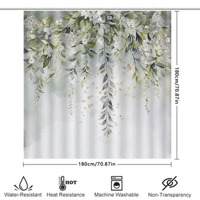 Elegant White Flowers and Green Leaves Shower Curtain for Modern Bathroom Decor Waterproof Fabric with Hooks Enhances Home Style