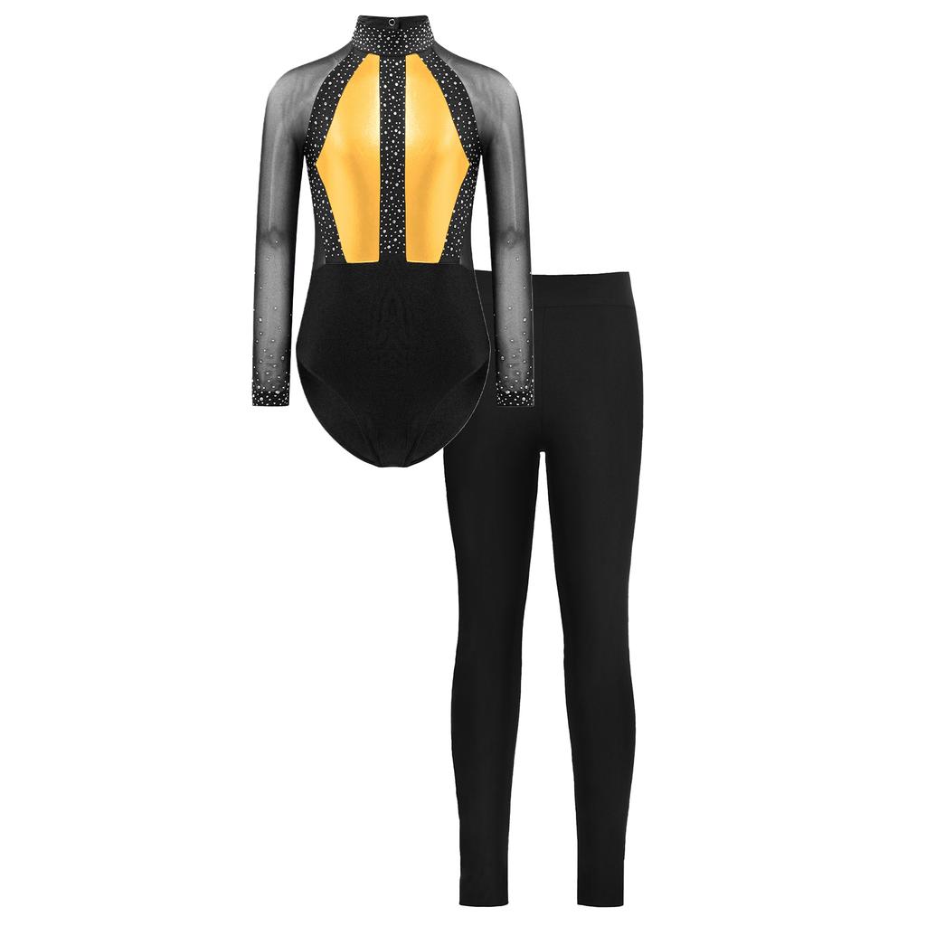 Κολάν με Ριπίδια και Στρας για Κορίτσια, Color Block, Patchwork, Διχτυωτό, Μακρυμάνικο, Σετ Γυμναστικής