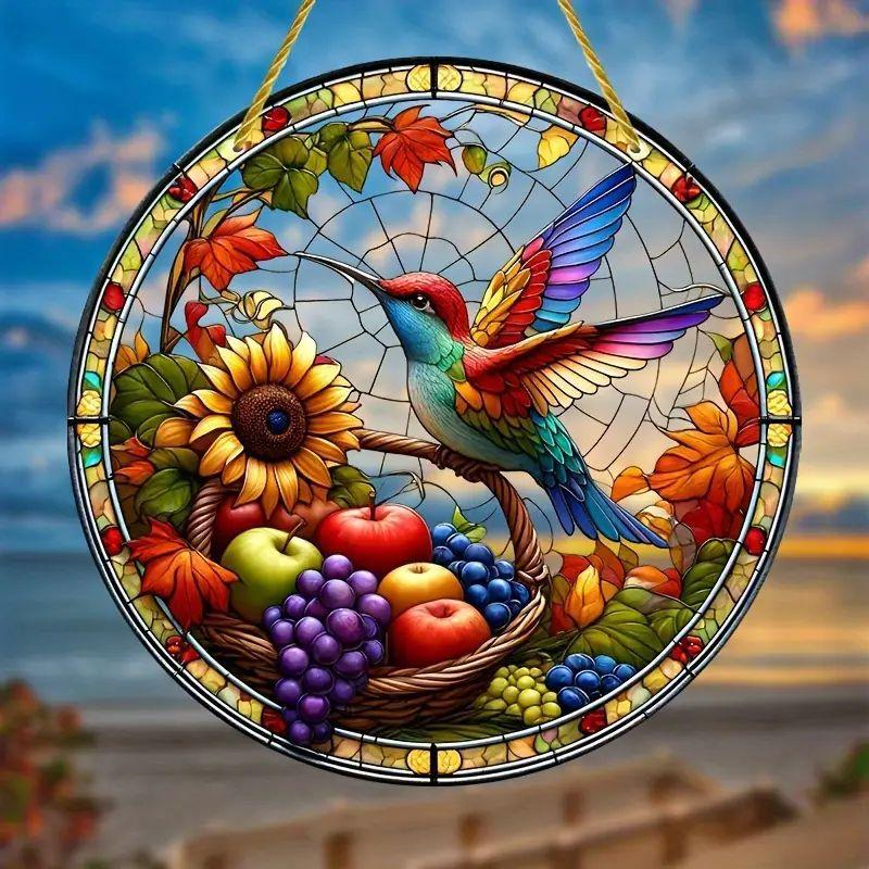 NEW Acrylic Painted Hummingbird Pendant Bird Floral Pattern Suncatcher Round Wreath Porch Window Outdoor Patio Hanging Ornaments