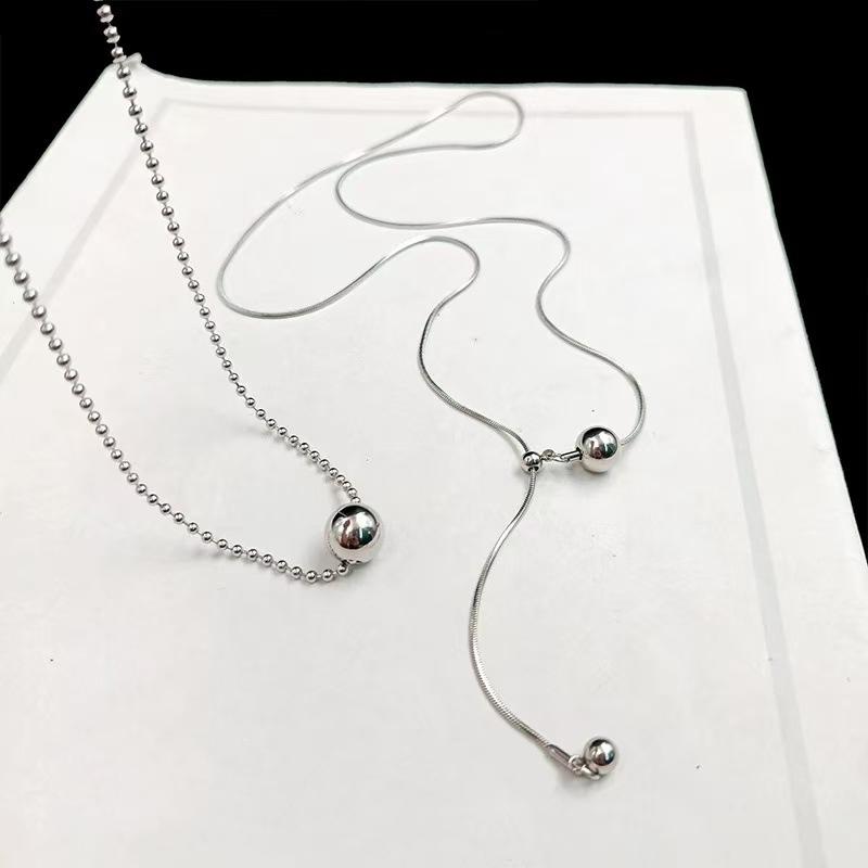 LATS Personality Stainless Steel Beaded Ball Pendant Necklace for Women Silver Color Double Layer Hip Hop Rock Chokers Jewelry